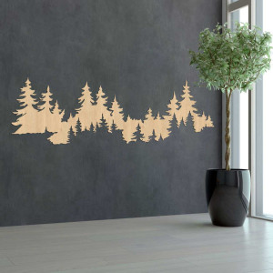 Close-up view of a forest silhouette made of wood mounted on a white wall. 2