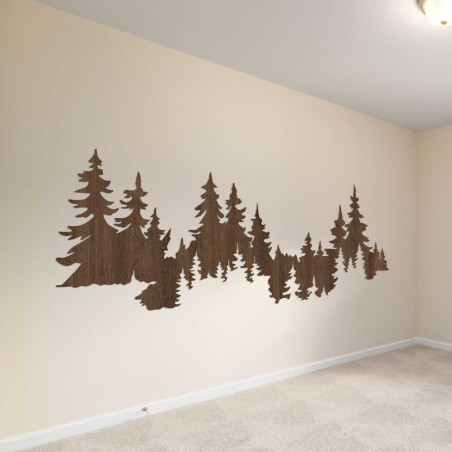 Minimalist interior with stylish wooden forest decoration on the wall.
