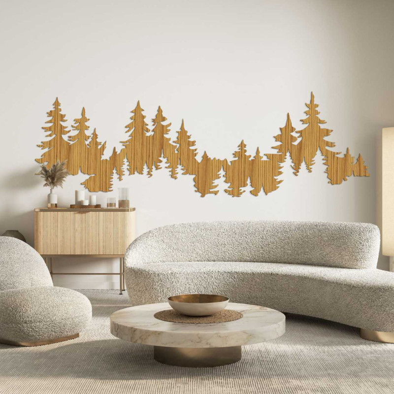 Detailed wall silhouette of a forest made of light wood material.