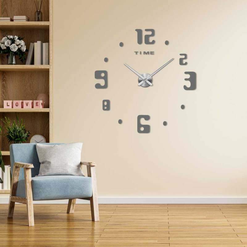 Designer clock with a combination of large numbers, small dots and the TIME inscription in the center.