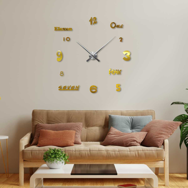 Designer wall clock with a unique layout of digits and a legible time display.