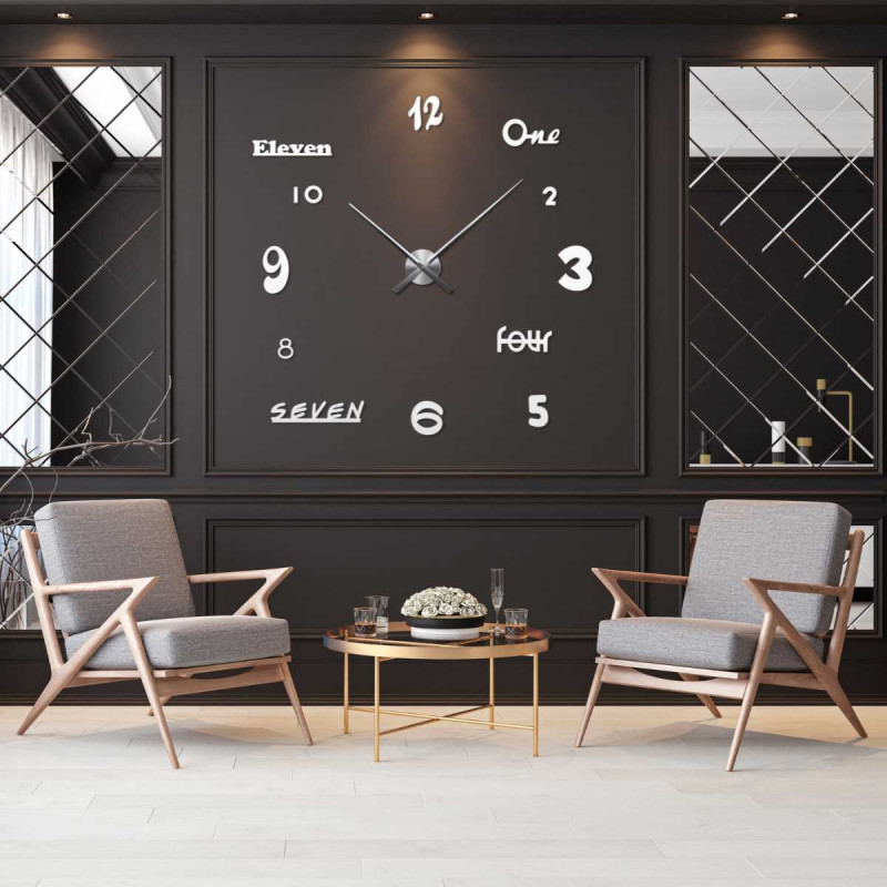 A wall clock with a dial where the numbers are depicted in different styles and sizes.