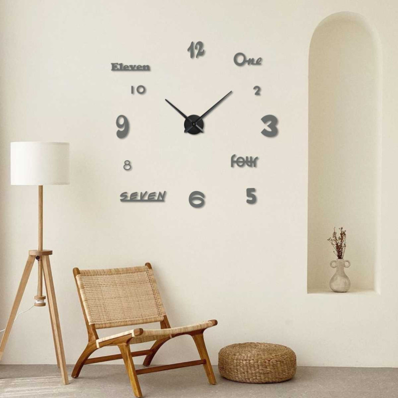 Stylish wall clock with imaginative numbers in different fonts.