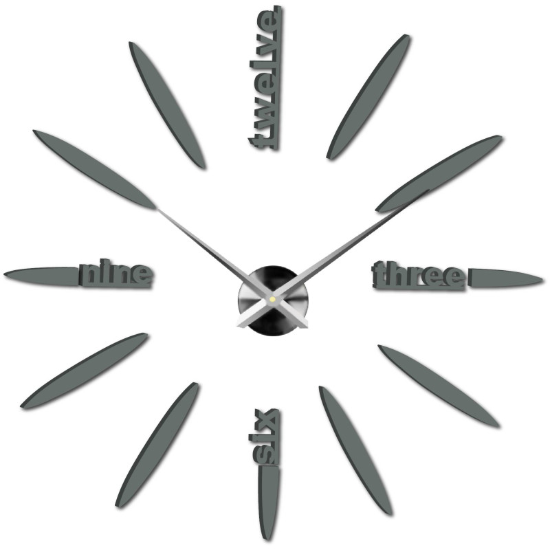 Modern 3D wall clock with inscriptions instead of numbers and a minimalist design.