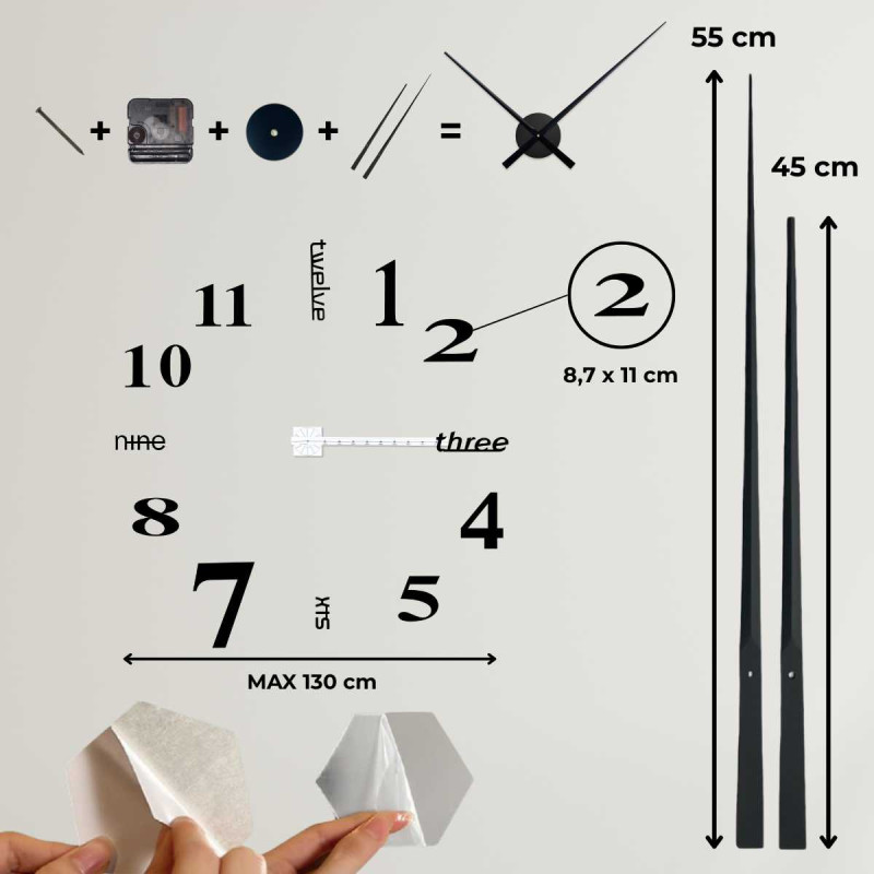 Image with detailed dimensions of the wall clock, including the size of the hands and dial.