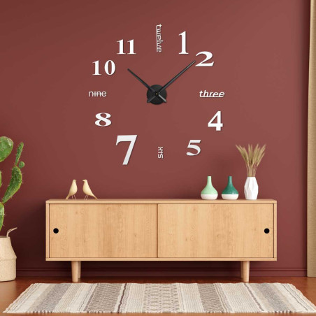 A wall clock with numbers arranged around the center, combining numbers and words.