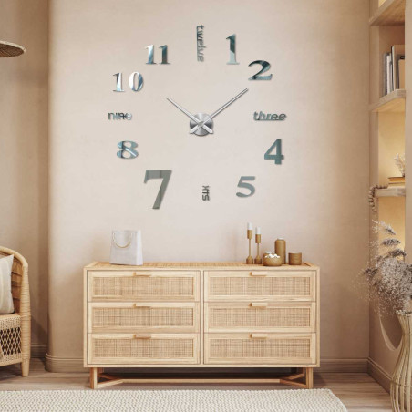 Wall clock with a combination of numbers and words in a modern arrangement.