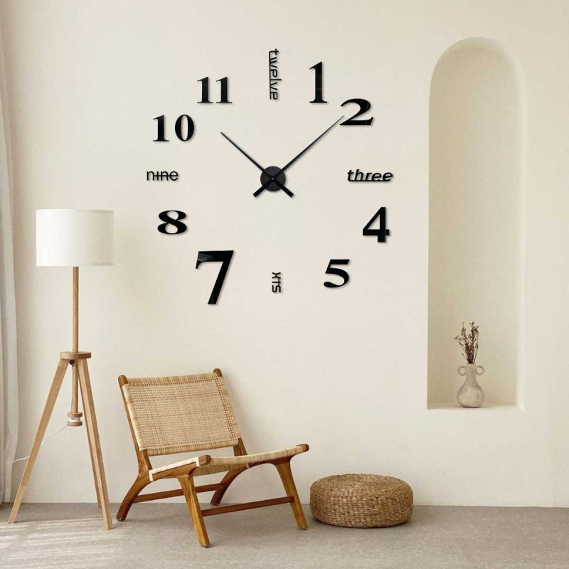Modern wall clock with a creative layout of numbers and words for time points.