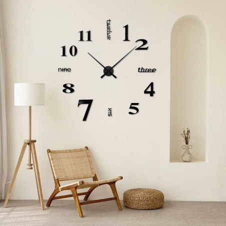 Modern wall clock with a creative layout of numbers and words for time points.