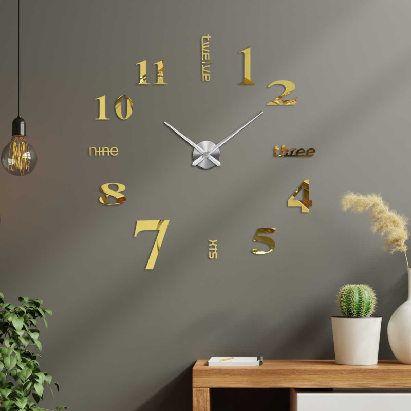 Designer sticker clock with numbers displayed in different font styles.