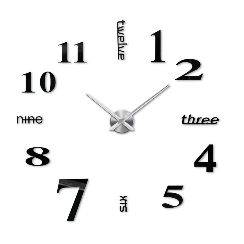 Stick-on clock with distinctive hands and unconventional typography of numbers.