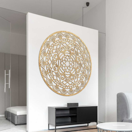 Detailed carved circular decoration with delicate connections and symmetrical arrangement.