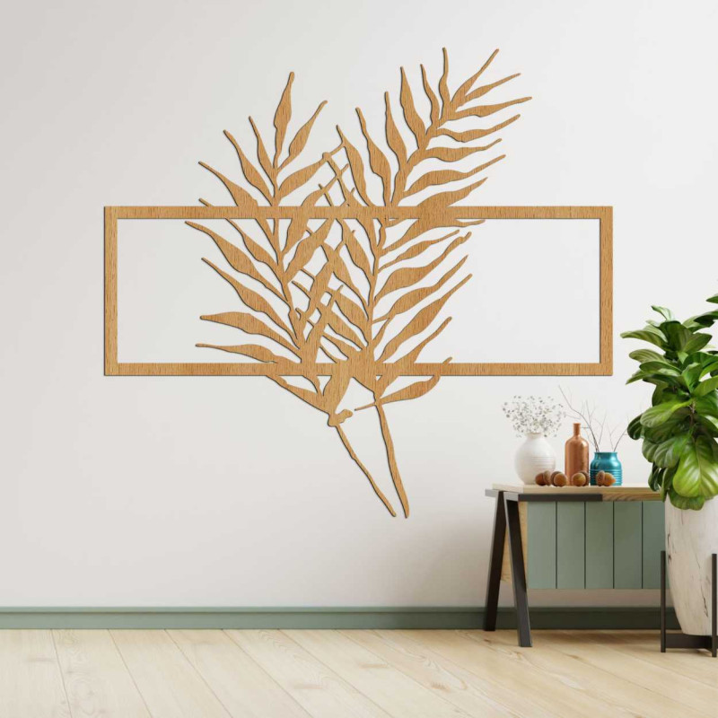 Wooden picture with minimalist leaves in a...