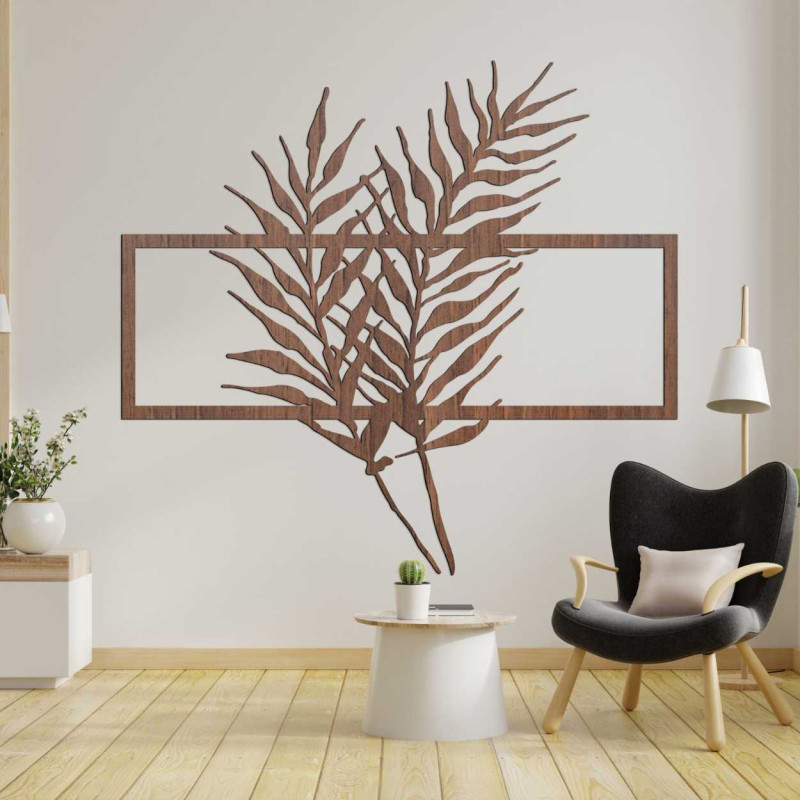 Wooden picture with minimalist leaves in a...
