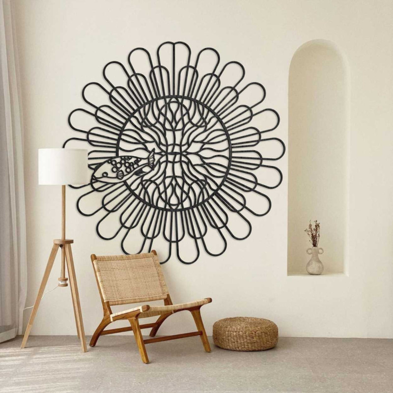 Stylish wall decoration in the shape of a circle with a geometric arrangement and a fish.