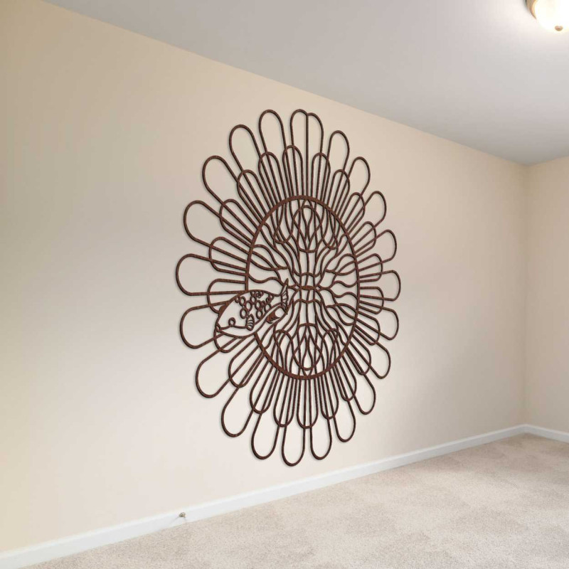 A decorative wall with a wooden circular pattern resembling a flower or the sun, complemented by a fish.