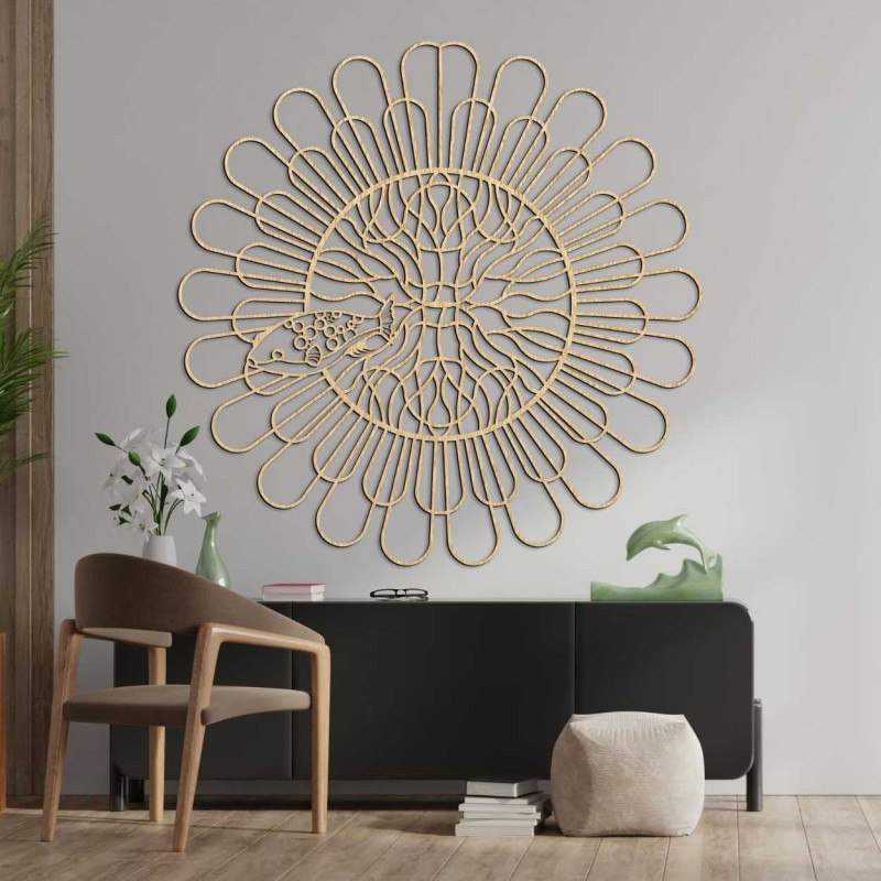 Wooden wall decoration in a circular shape with a fish motif and symmetrical arches.