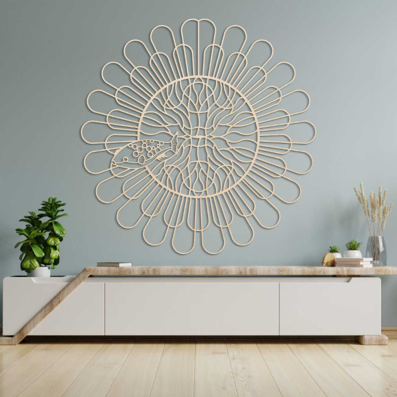 Modern circular wall decoration made of wood with a symbolic fish motif.