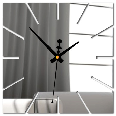 Modern wall clock made of plexiglass with white hands and a black background