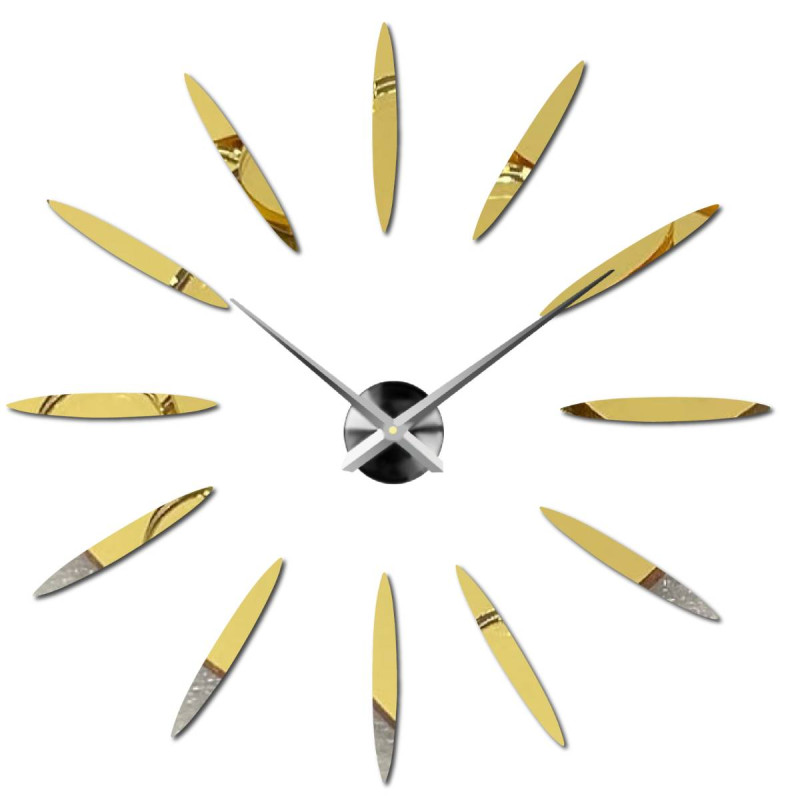 A luxurious frameless clock, composed of oval gold segments and metal hands.