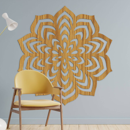 Wooden decoration with a carved mandala motif.