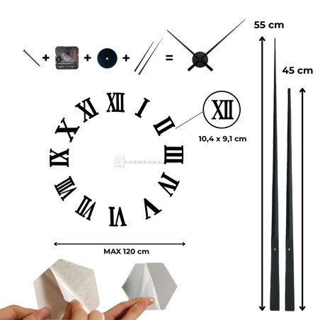 Technical description Large adhesive clock that adapts to your wall - circle, ellipse or custom shape.