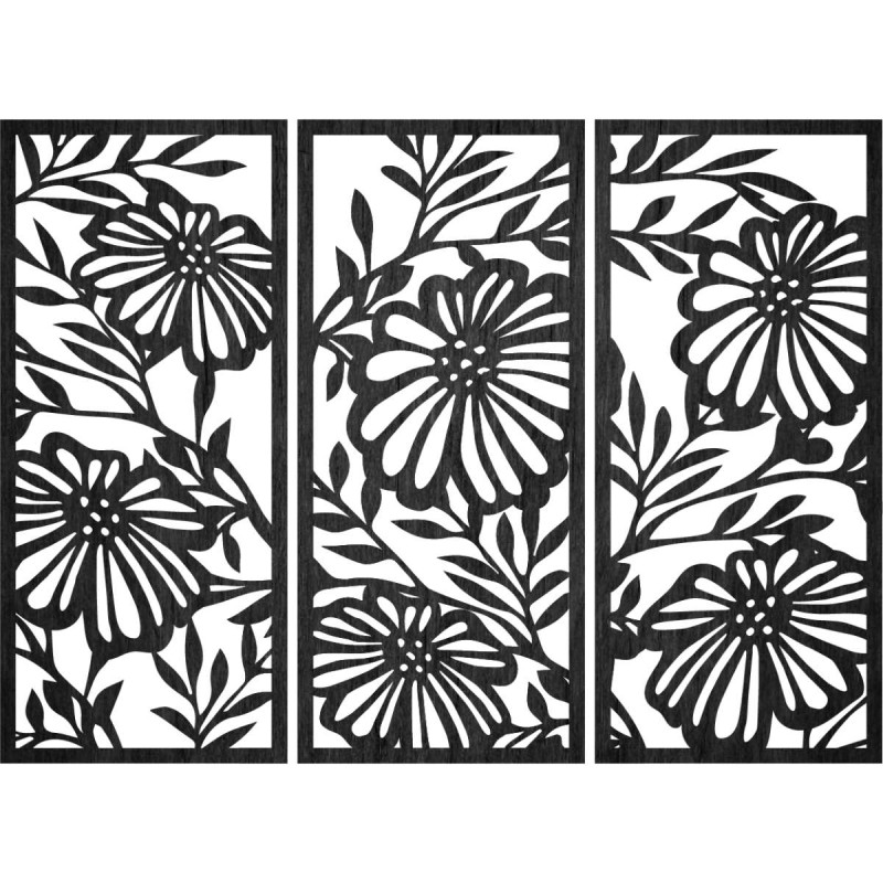 Three-piece wooden wall painting with a floral...