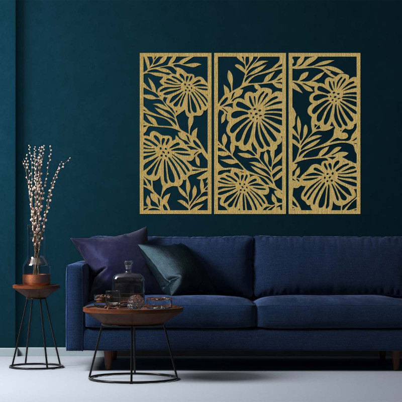 Three-piece wooden wall painting with a floral...