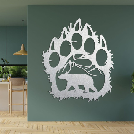 Silver A wooden painting depicting a bear footprint as a frame through which the landscape and the bear itself can be seen. Silver A wooden painting depicting a bear footprint as a frame through which the landscape and the bear itself can be seen.