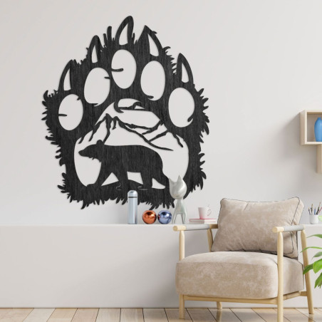 Black Decorative bear footprint motif with carved bear and mountain environment - impressive contrast of shapes. Black Decorative bear footprint motif with carved bear and mountain environment - impressive contrast of shapes.