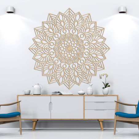 Detailed wall decoration with a mandala motif composed of regular patterns.