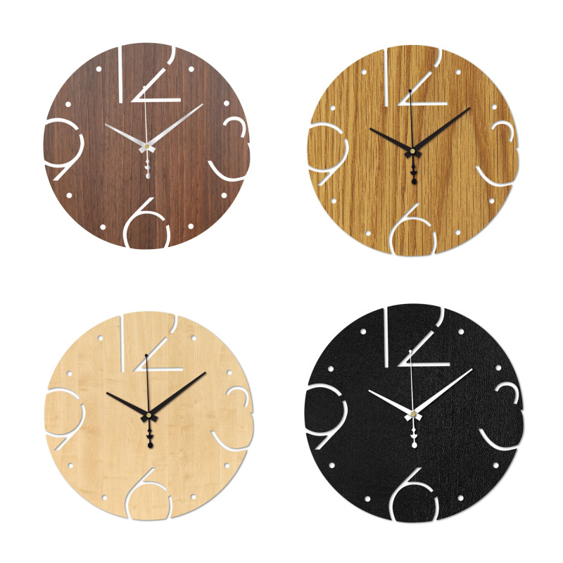 Decorative clock with silent operation and carved numbers on a light wooden base.