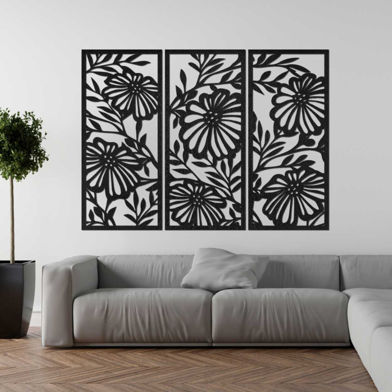 Wooden three-part painting with a carved floral motif.