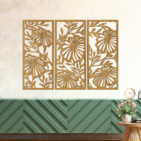 Artistic wooden painting with a trio of vertical panels and a floral design. Artistic wooden painting with a trio of vertical panels and a floral design.