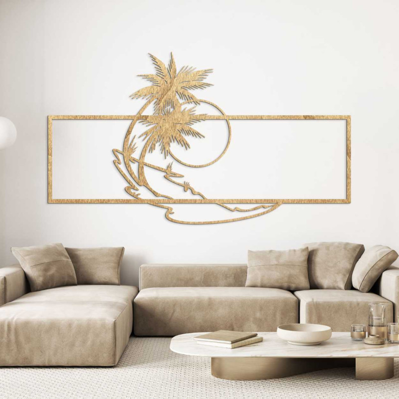 Wooden wall painting with a tropical island and palm trees motif.