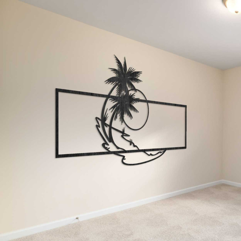 Minimalist cutout of a beach with palm trees in a rectangular frame.