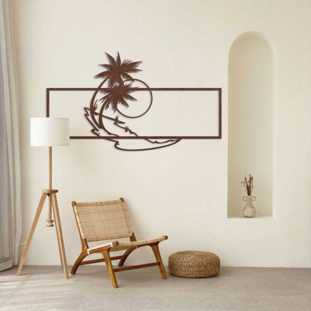 Elegant wooden decoration depicting a beach with a setting sun.
