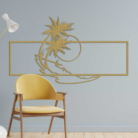 Tropical scene with two palm trees and the soft lines of the ocean.