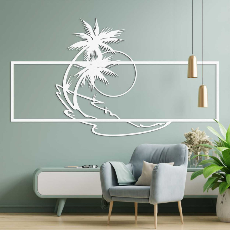 A beach motif carved from wood in a clean, geometric style.