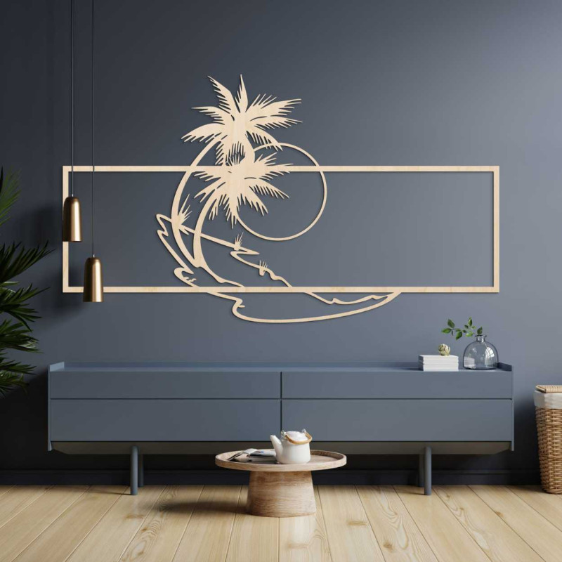 An artistic depiction of a tropical coastline in a thin wooden frame.