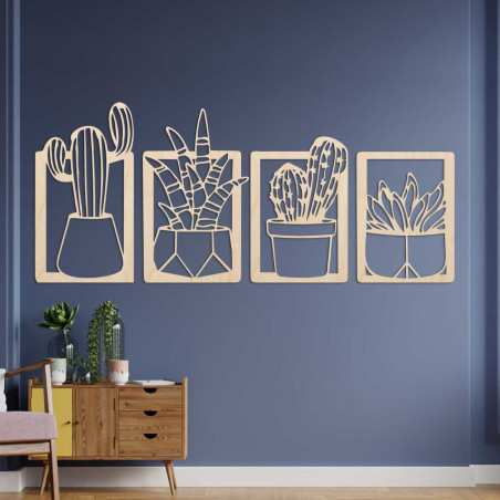 Wooden wall decoration with four motifs of succulents and cacti in pots