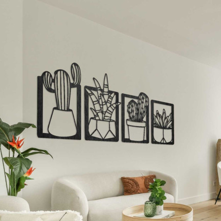Modern wooden picture with carved cacti and plants in square frames
