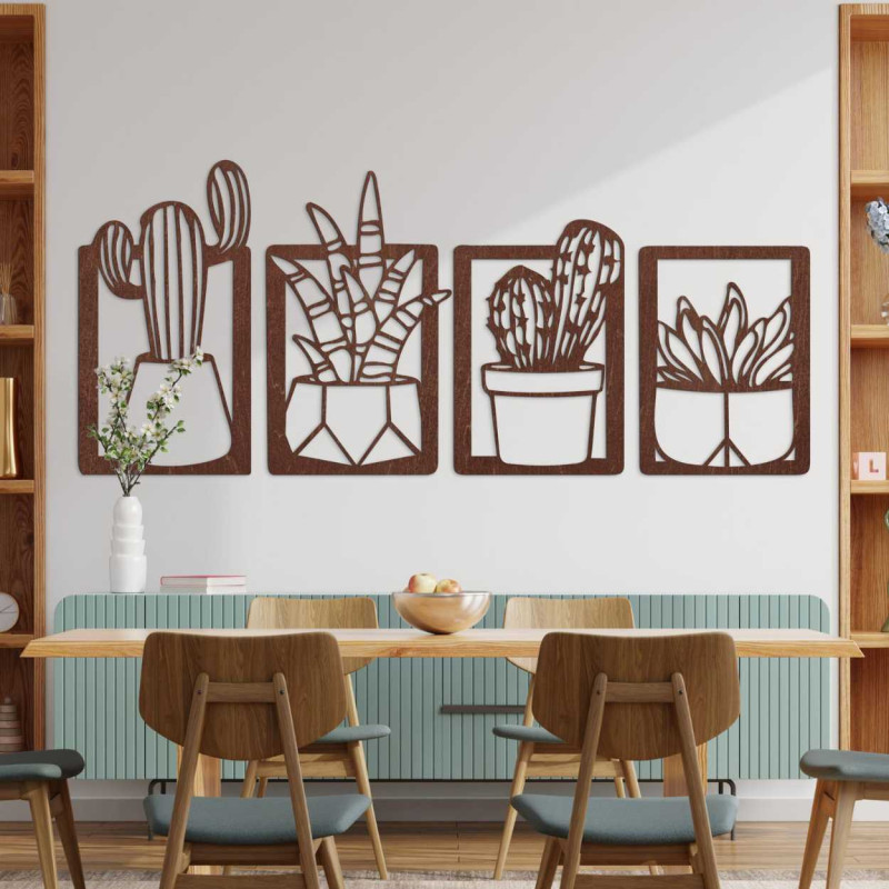 Four wooden decorative panels with a plant motif in a minimalist style
