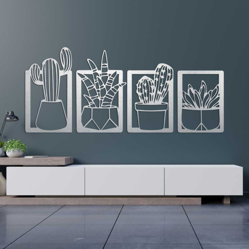 Modern wooden decoration of four paintings with a plant theme