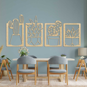 Wooden wall decoration with four motifs of succulents and cacti in pots 2