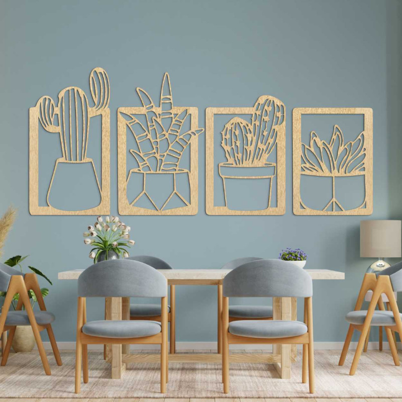 Wooden wall decoration with a motif of natural plants and flower pots