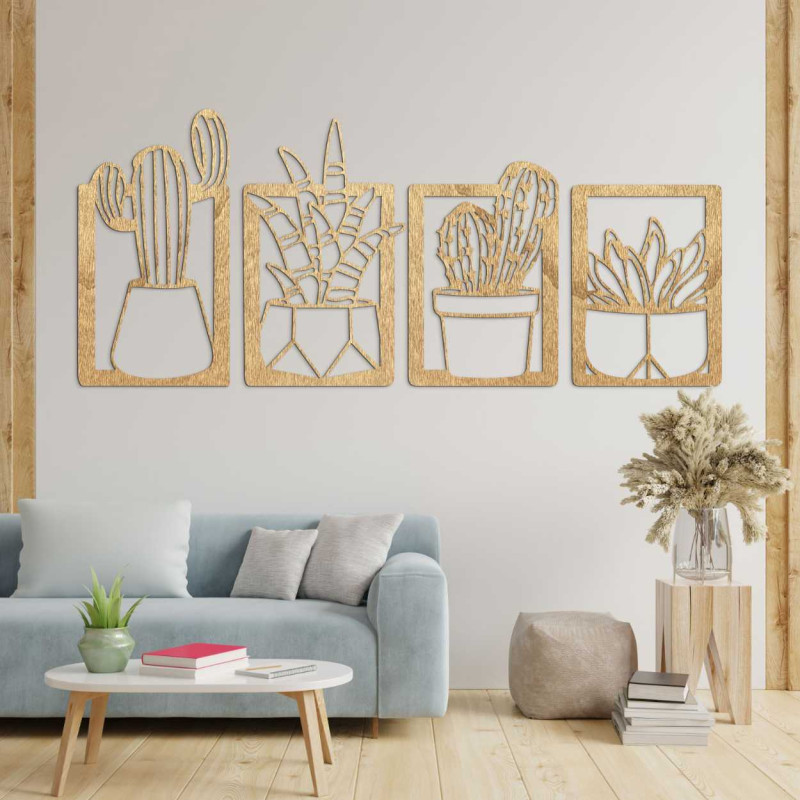 Stylish natural wood painting with a pattern of succulents and cacti