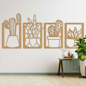 Wooden wall decoration with four motifs of succulents and cacti in pots