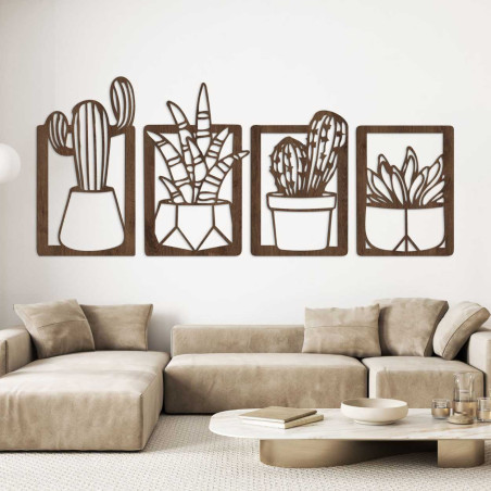 Modern wooden picture with carved cacti and plants in square frames