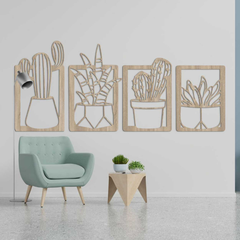 Four wooden decorative panels with a plant motif in a minimalist style